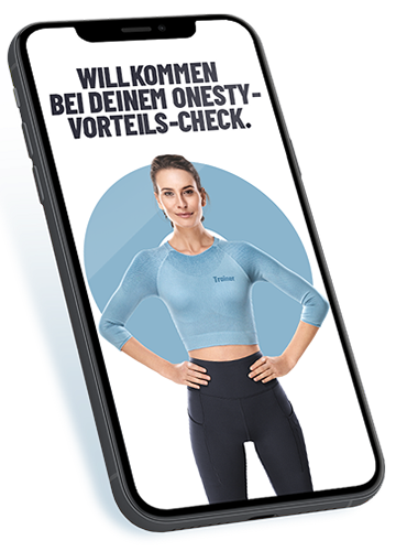 Iphonw Mockup mit Introscreeen des ONESTY-Vorteils-Checks